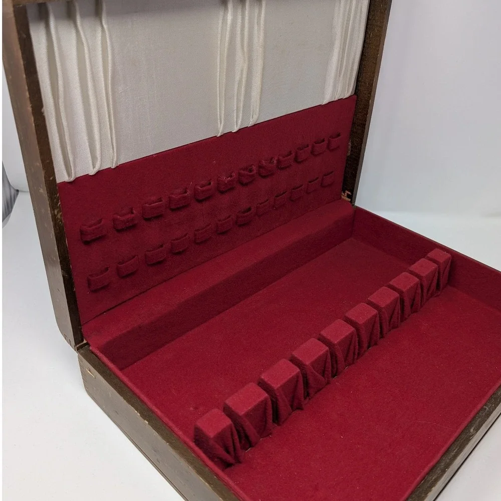 Vintage Art Nouveau Waterfall Front Anti Tarnish Wood Silverware Storage Box